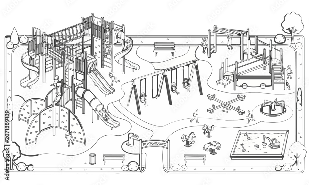 Obraz premium Children outdoor playground park line art vector illustration