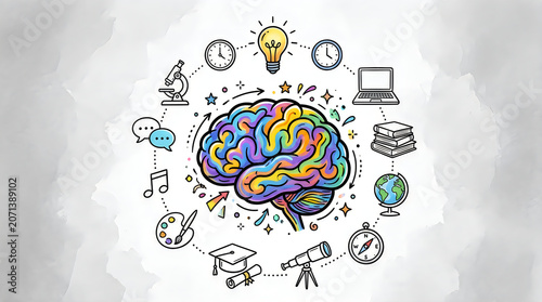 Vibrant brain illustration with educational icons