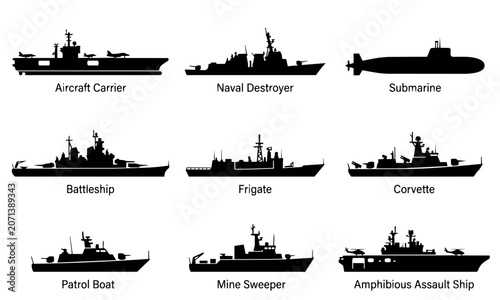 Tableau sur toile Naval military ships and submarines silhouette set vector illustration