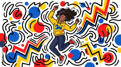 A woman dances energetically surrounded by colorful zigzags and circles.