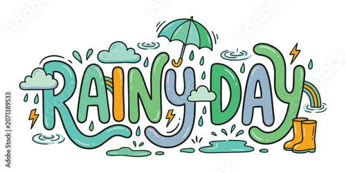 Playful Rainy Day Typography Illustration with Umbrella Puddle and Clouds