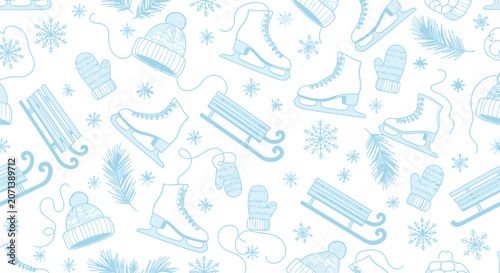Bild auf Leinwand Winter pattern featuring cute skates sleds warm knit hats mittens and snowflakes on light background festive seasonal holiday wallpaper design element illustration