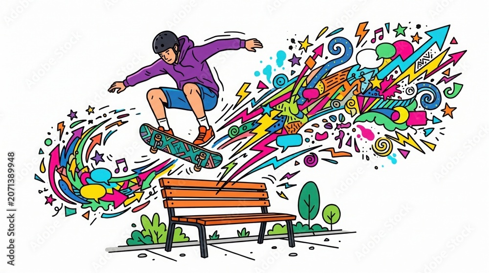 Fototapeta premium Skateboarder performs trick on bench with colorful graffiti explosion around him.
