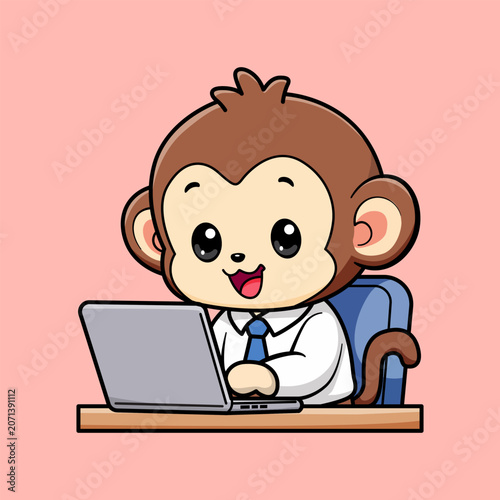 Cute Monkey Businessman Mascot Working on Laptop Cartoon