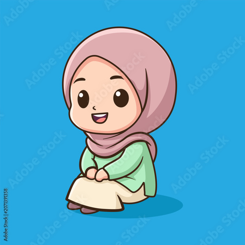 Cute Chibi Muslim Girl Illustration in Hijab Sitting and Smiling