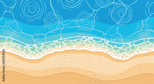 Bild auf Leinwand Top view of beach shoreline with turquoise ocean water ripples and white foam waves hitting sandy coast creating a summer vacation tropical background