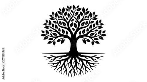 CAD tree lines Tree Tree of life, black silhouette, roots and leaves, eco symbol, nature icon vector