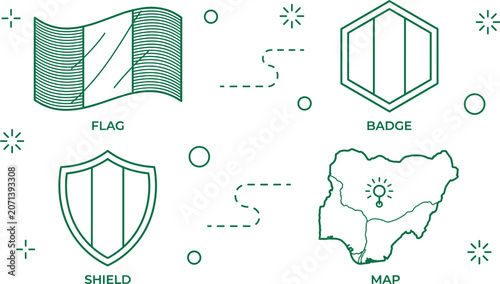 Fotografie Nigeria National Symbols Vector Pack Featuring Map Flag Shield Badge and Line Ar