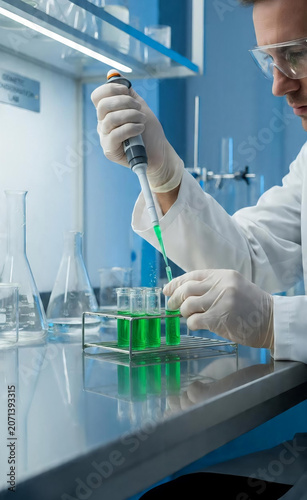 Scientist using a micropipette to transfer green liquid into test tubes for research and analysis