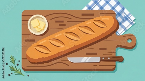 Freshly Baked Baguette with Butter and Rosemary on a Wooden Cutting Board.