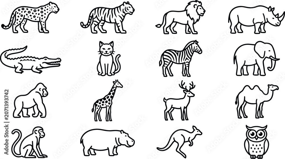 Fototapeta premium Wild and Domestic Animal Line Icon Set Featuring Mammals, Predators, and Birds for Educational Projects, Logos, and Graphic Designs