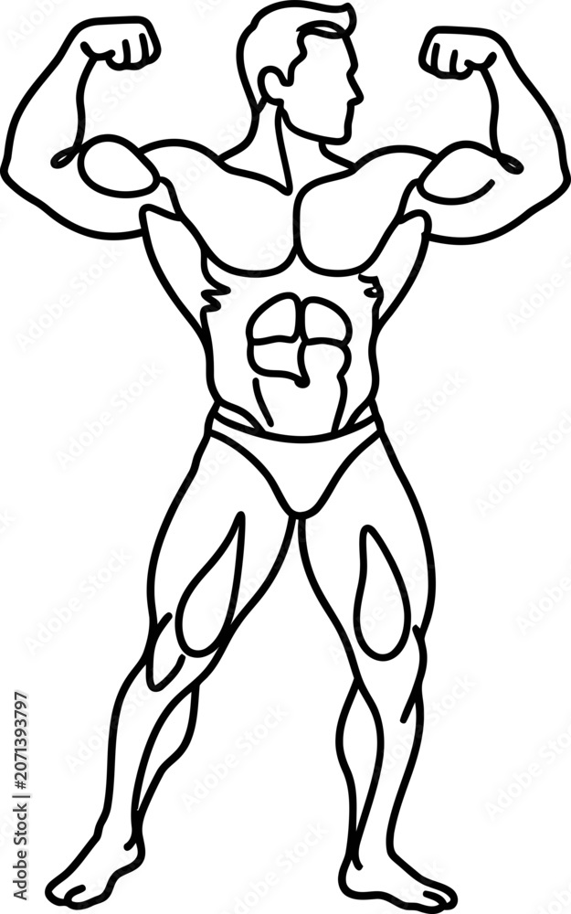 Fototapeta premium Continuous one line drawing of a muscular bodybuilder posing.