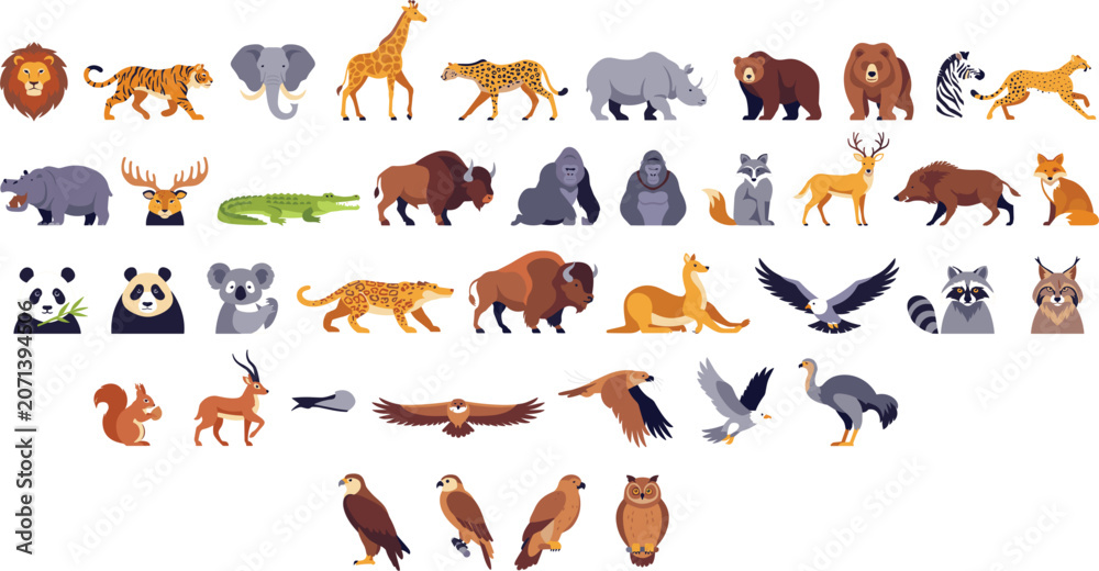 Obraz premium Wild Animal and Birds Mascot Icon Bundle with Lion Tiger Elephant Giraffe Bear Eagle and Owl for Zoo and Nature Vector
