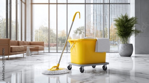 Professional cleaning supplies ready for use in a modern office lobby with marble floors