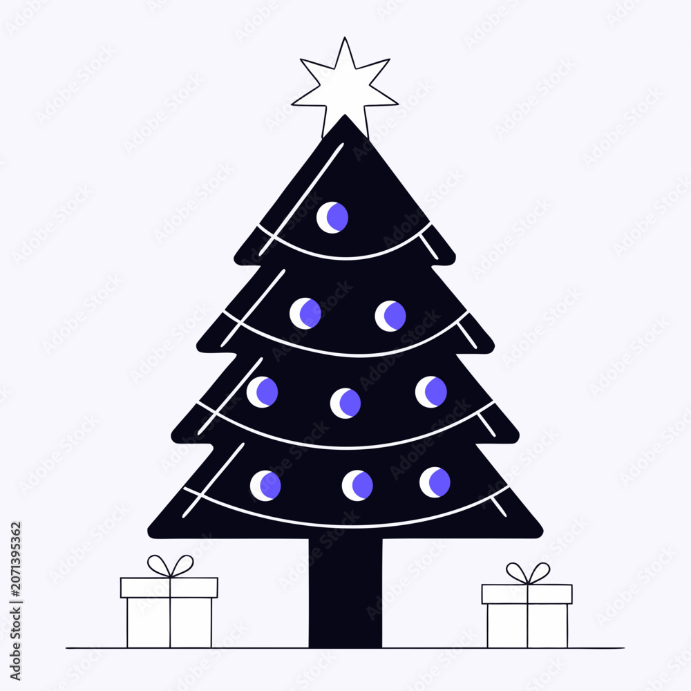 Fototapeta premium Stylized dark christmas tree with ornaments and gift boxes