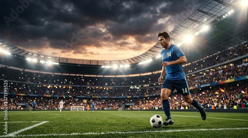 Professional soccer player dribbling the ball in a packed stadium under a dramatic stormy sky