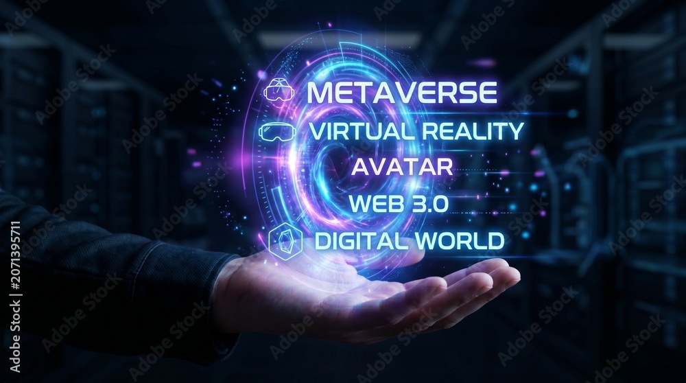 Fototapeta premium A hand holding a glowing purple and blue metaverse virtual reality avatar