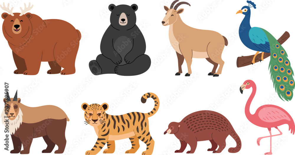 Fototapeta premium Cute flat cartoon illustration set of wild animals from the Himalayan region and Asian forests