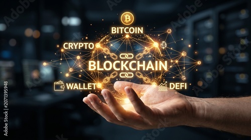 A hand holding a glowing blockchain network with bitcoin and crypto elements