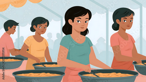 Engaging Community Spirit: Volunteers Preparing Delicious Meals for Local Events in a Cheerful Outdoor Setting