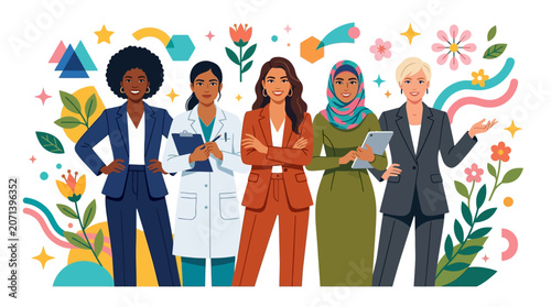 Diverse group of professional women from various backgrounds confidently stand together, symbolizing female.
