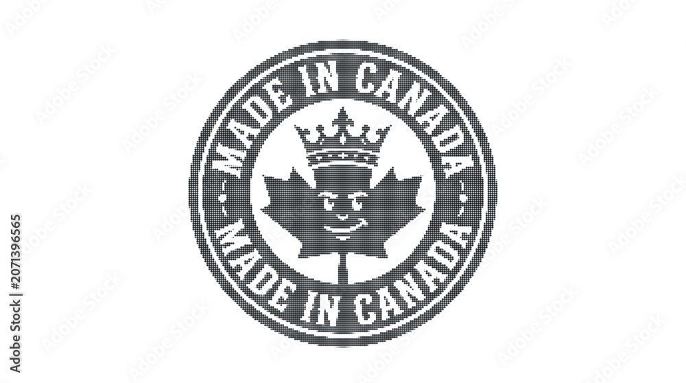 Fototapeta premium Circular emblem featuring a smiling maple leaf character wearing a crown, text made in canada, and decorative halftone isolated on white background