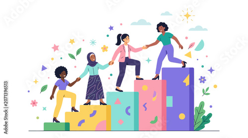 Diverse group of women collaboratively ascend a colorful staircase, demonstrating teamwork and mutual support.