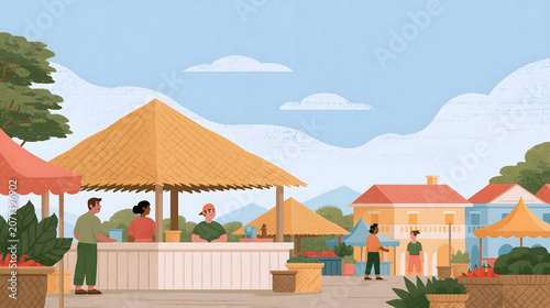 Experience Vibrant Local Markets: A Community Gathering of Vendors, Fresh Produce, and Joyful Interaction in a Colorful Outdoor Lifestyle Setting