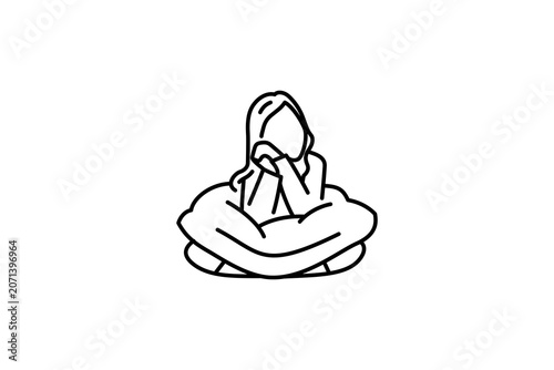 the illustration of a woman was sitting cross legged while holding a pillow. line style icon template design. black color object isolated on white background