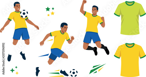 Fotografie Vector flat illustration set featuring cartoon soccer football players in yellow