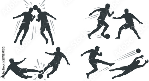 Cuadro en lienzo Vector black silhouette illustration set featuring soccer football player match