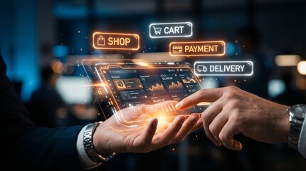 Ecommerce concept with hands holding a tablet and glowing icons