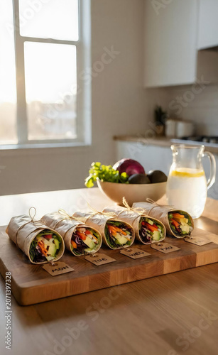 Fresh Healthy Vegetable Wraps Prepared on Wooden Cutting Board in Bright Kitchen Setting