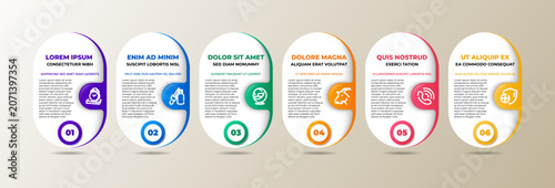 6 steps infographic template with 6 options. Flowchart that can be used for business report, data visualization and presentation. Timeline infographic elements vector illustration.