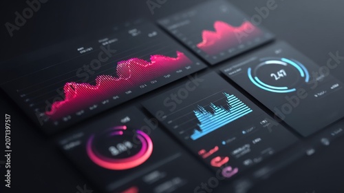 Modern digital dashboard displaying financial charts and analytics with vibrant neon colors