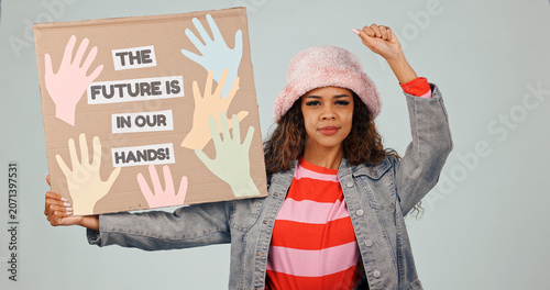 Canvas Print Portrait, woman and protest in studio with poster, awareness or movement for future empowerment