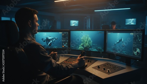 Professional rov operator controlling a deep sea underwater robot from a research vessel control room dashboard