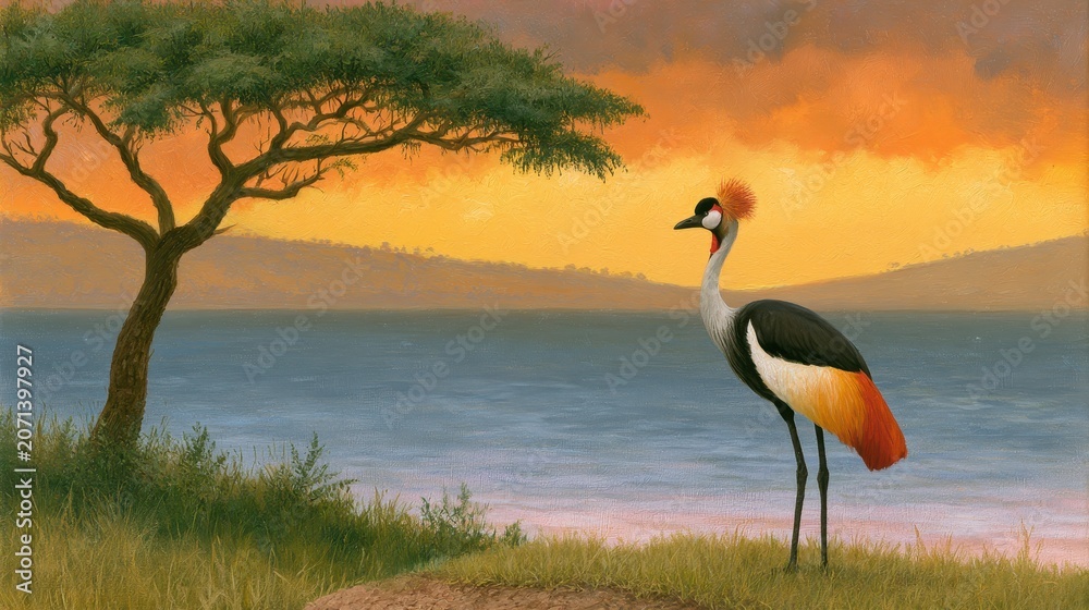 Obraz premium Grey crowned crane standing near acacia tree by the lake at golden sunset