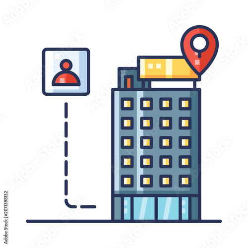 Hotel booking location pin user travel reservation building city accommodation Vector Illustration