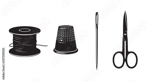 Black thread spool, silver thimble, and sewing scissors on white background.