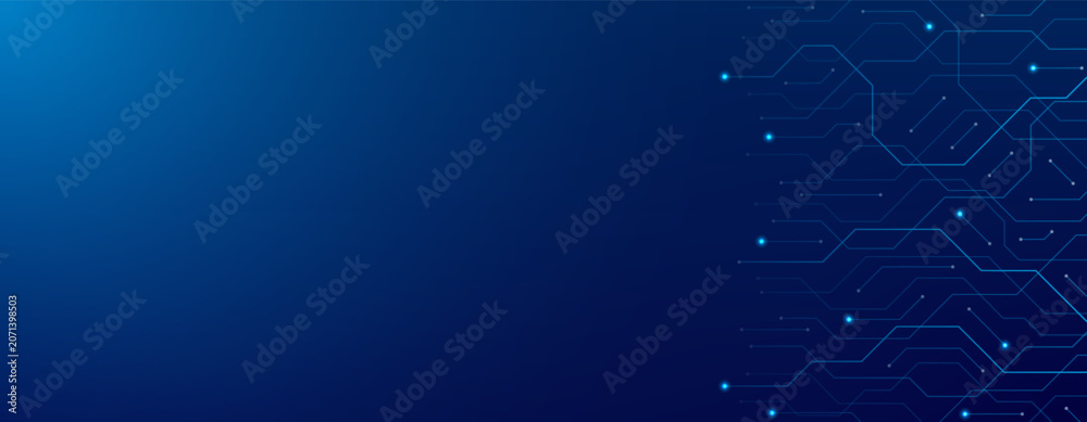 Fototapeta premium Technology vector background concept. Feturustic bunner with circuit traces on gradient blue background. Digital banner for engineering concept, futuristic project, game design.
