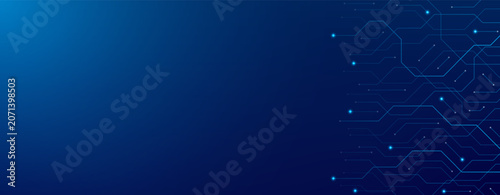 Technology vector background concept. Feturustic bunner with circuit traces on gradient blue background. Digital banner for engineering concept, futuristic project, game design.