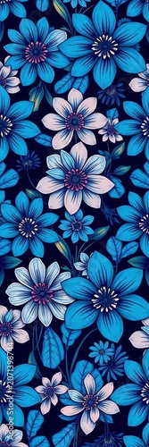 Geometric floral seamless pattern with stylized flowers in shades of blue, abstract, design