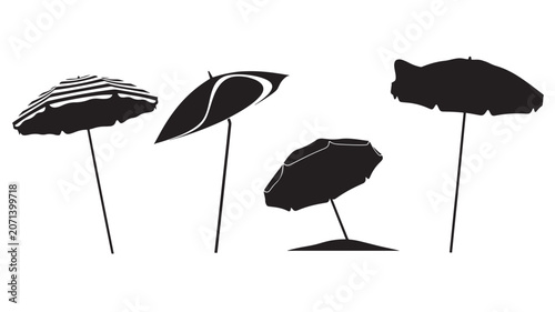 Three black paper umbrellas standing in a minimalist row on white background.