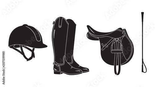 Equestrian Riding Gear Including Helmet Boots and Saddle Set.