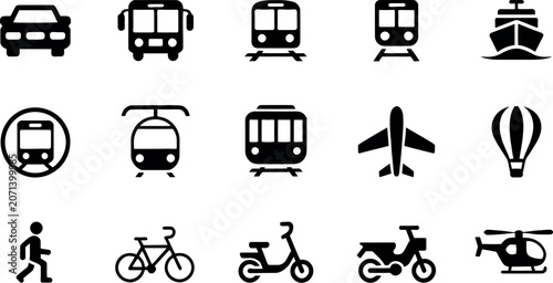 Transportation icons set with various modes of travel
