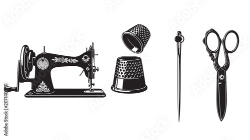 Vintage sewing tools and accessories arranged on white background.