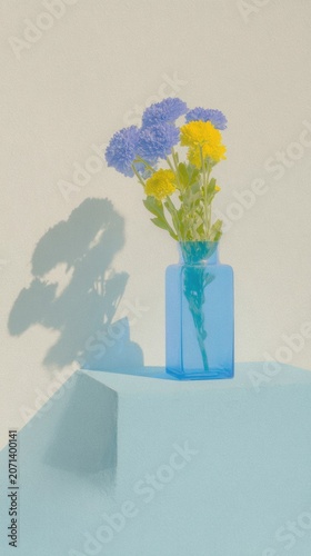 Blue Glass Vase with Chrysanthemum Flowers Standing on a Minimalist Concrete Podium Stage, Sustainable Brand Product Showcase Template with Neutral Wall Copy Space