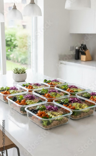 Healthy meal prep glass containers with nutritious vegetables avocado and quinoa on a bright white kitchen counter for organized weekly eating