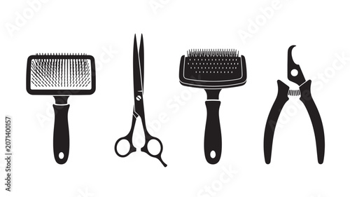 Set of professional black barber and hairdressing tools on white background.